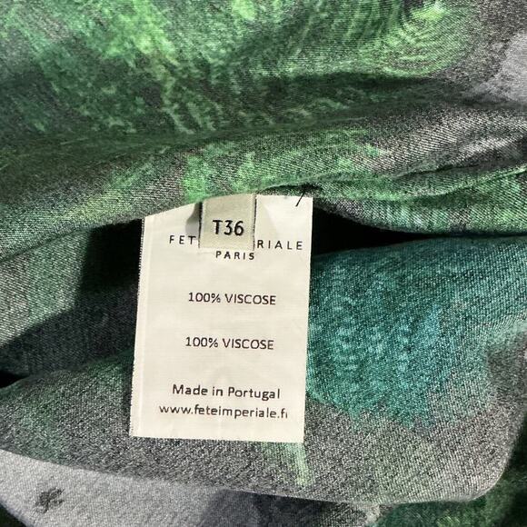 Fête Impériale Paris Green Botanical Peacock Print Button Front Blouse T36 - Picture 3 of 10